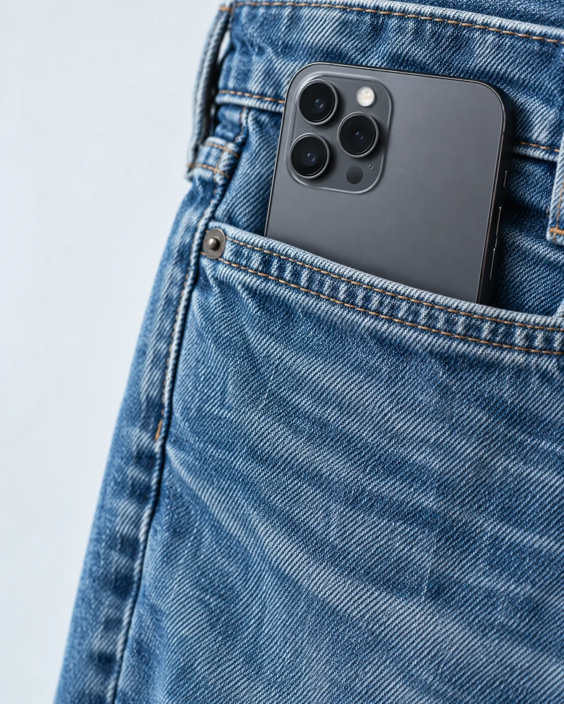 A phone sticks out of a shallow denim pocket.